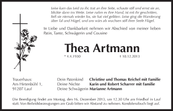 Traueranzeige von Thea Artmann von Pegnitz-Zeitung